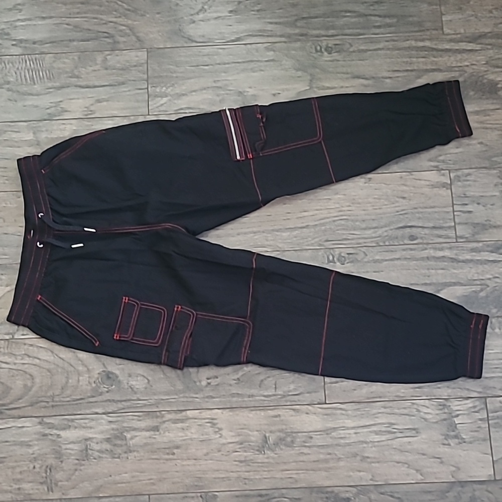 Hot Topic Cargo Pants, Black with Red Stitching, Medium